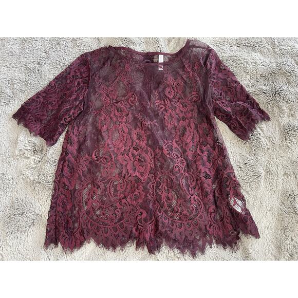 Xhilaration Women's Flower Boho Crochet Blouse Buttons Size XSmall Burgundy - Picture 9 of 9